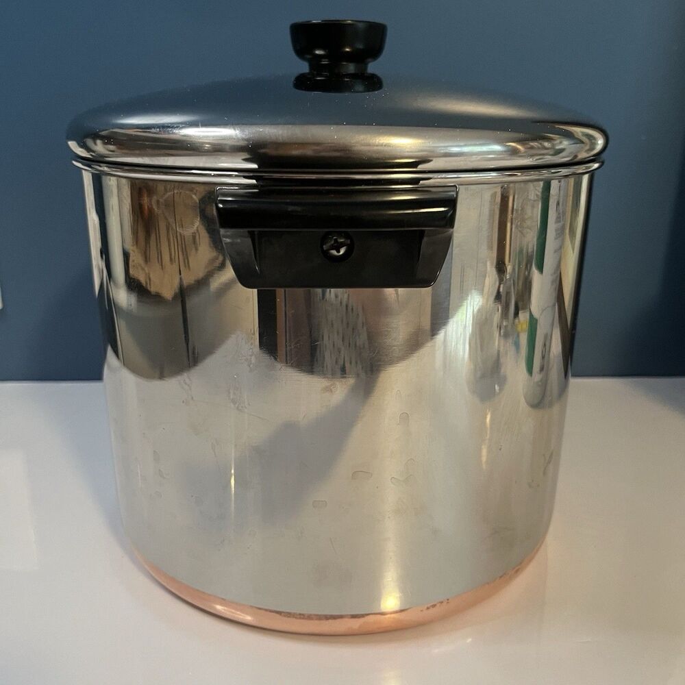 REVERE WARE 8 Qt Stock Pot & Lid Copper Bottom Clinton ILL USA Vtg Clean - Picture 4 of 15